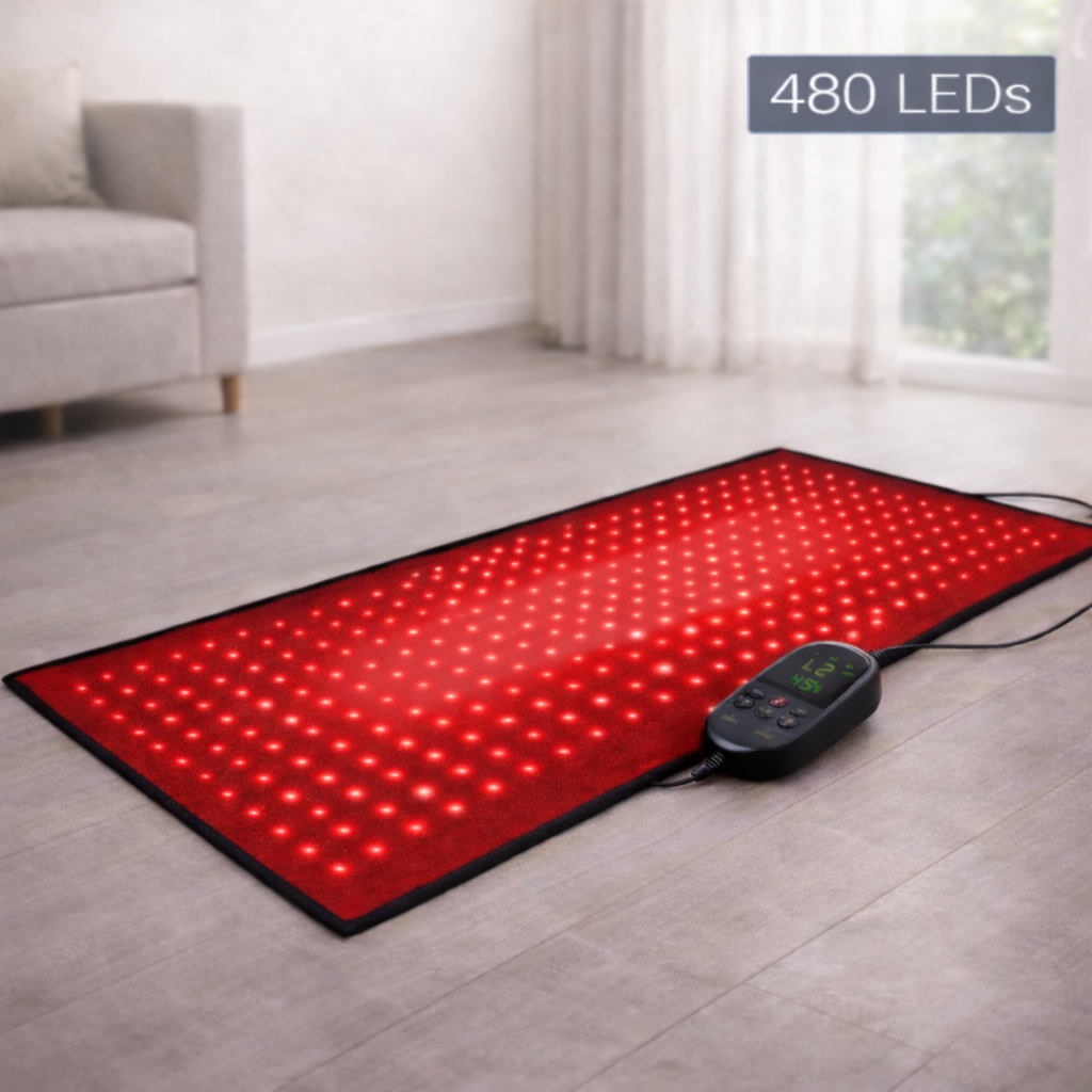 Full-body red light therapy mat from Zenithral with controller, designed for massage and skin rejuvenation.