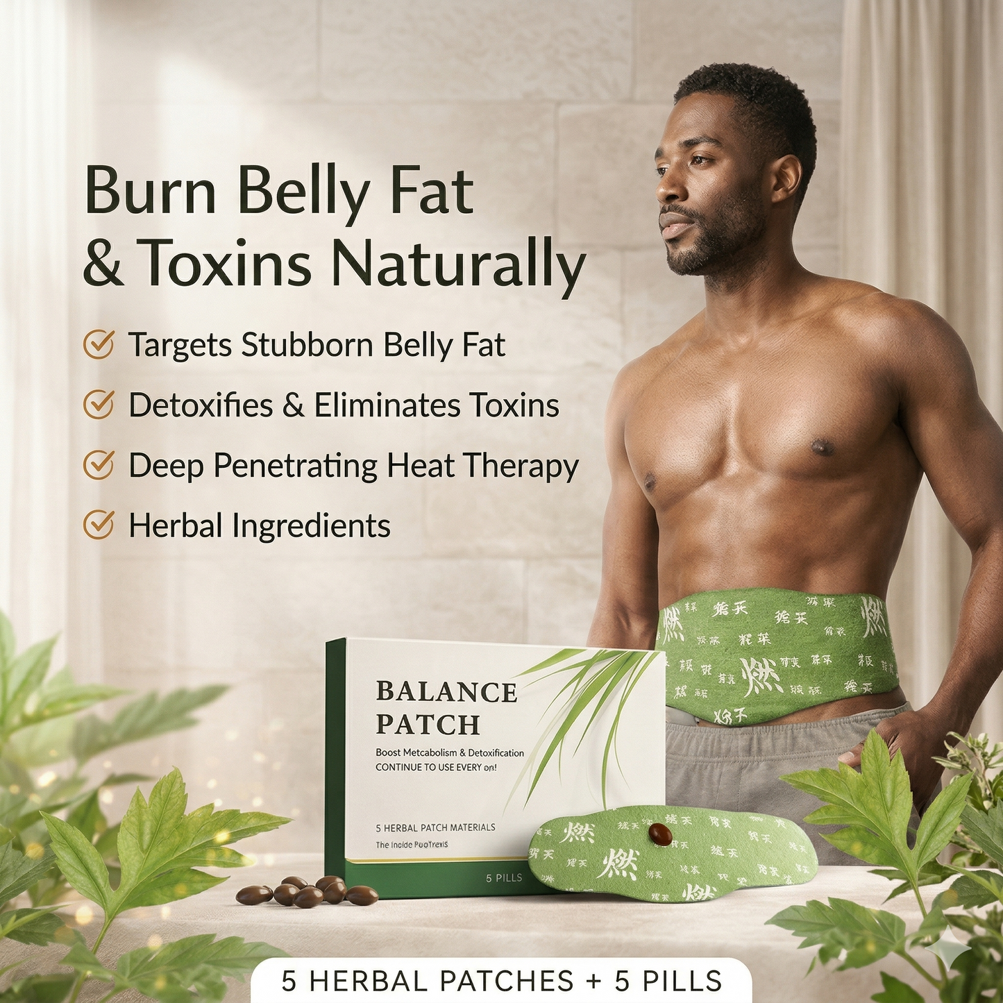 Zenithral Ginger & Mugwort herbal heat patch, 12-hour therapy for soothing herbal comfort, shown on skin with application.