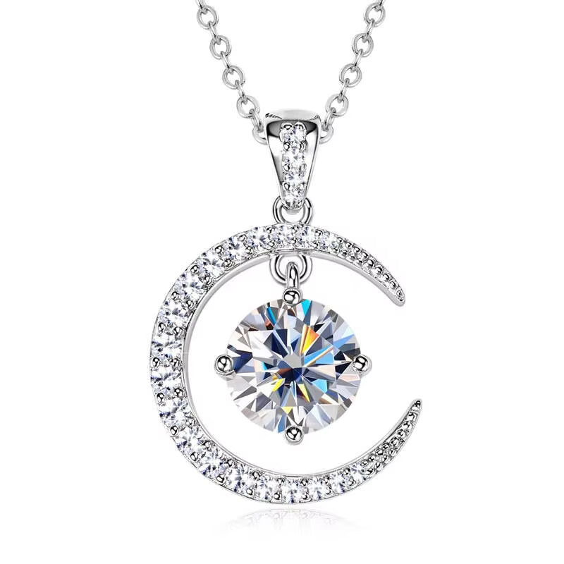 Luxury 2CT Moissanite Women's Necklace in 925 Sterling Silver with Star and Moon Pendant - D Color Fine Jewelry for Special Occasions