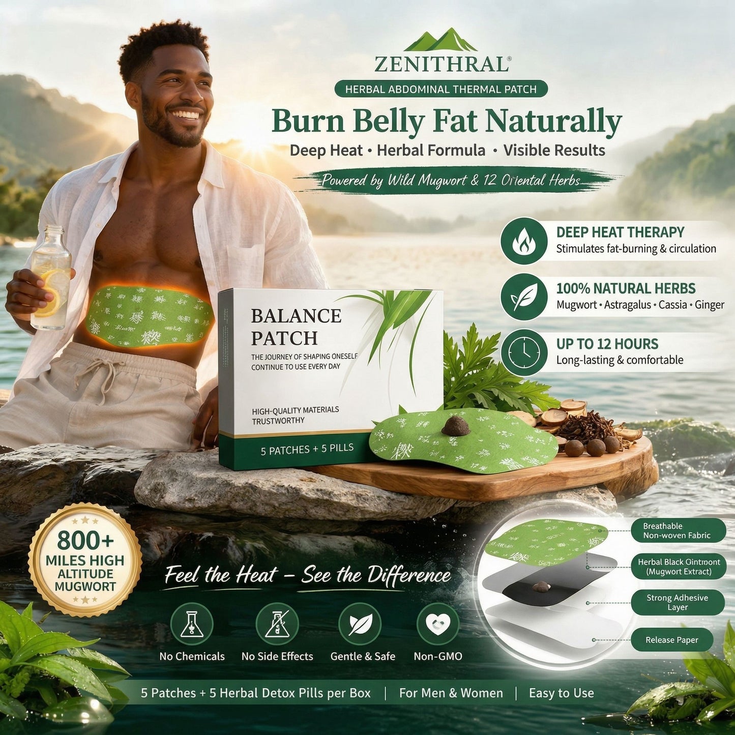 Zenithral Ginger & Mugwort Herbal Heat Patch for 12-hour pain relief, shown in a watermarked image, with herbal ingredients visible.