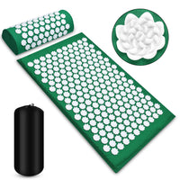 Zenithral acupressure mat and pillow set for muscle relief and deep relaxation, featuring massage and red light therapy tools.