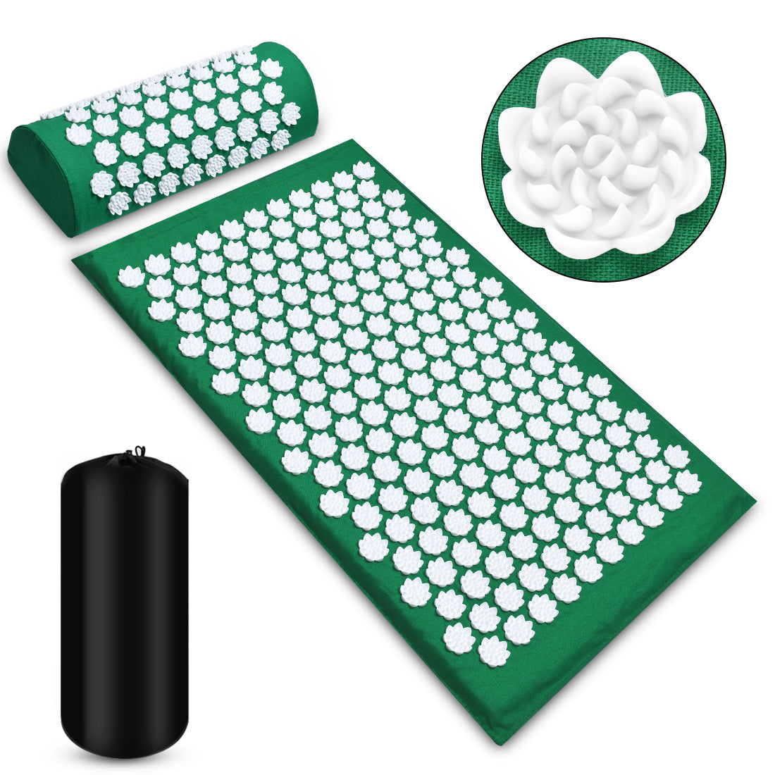 Zenithral acupressure mat and pillow set for muscle relief and deep relaxation, featuring massage and red light therapy tools.