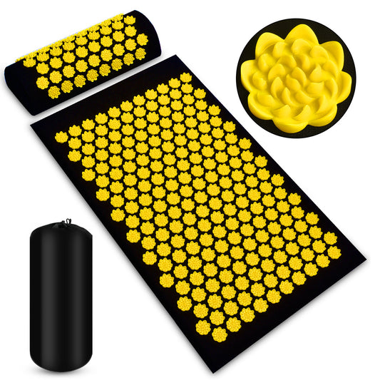 Zenithral acupressure mat and pillow set for muscle relief and deep relaxation, shown with massage and red light therapy features.