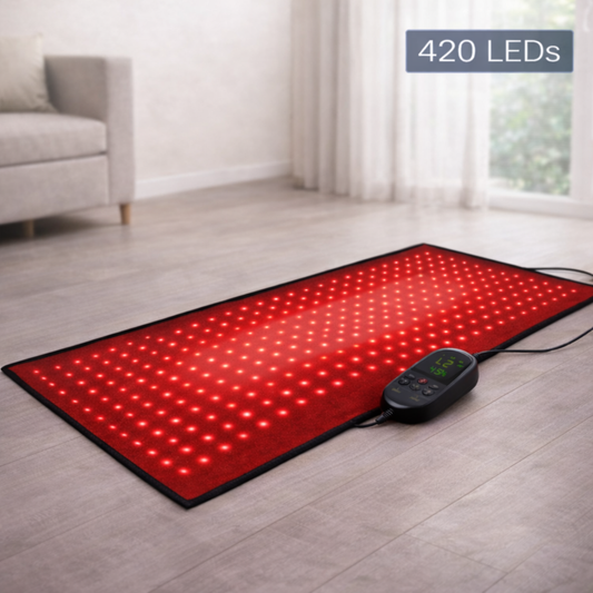 Zenithral full-body red light therapy mat with controller for massage and skin rejuvenation, featuring a plush, cushioned design.