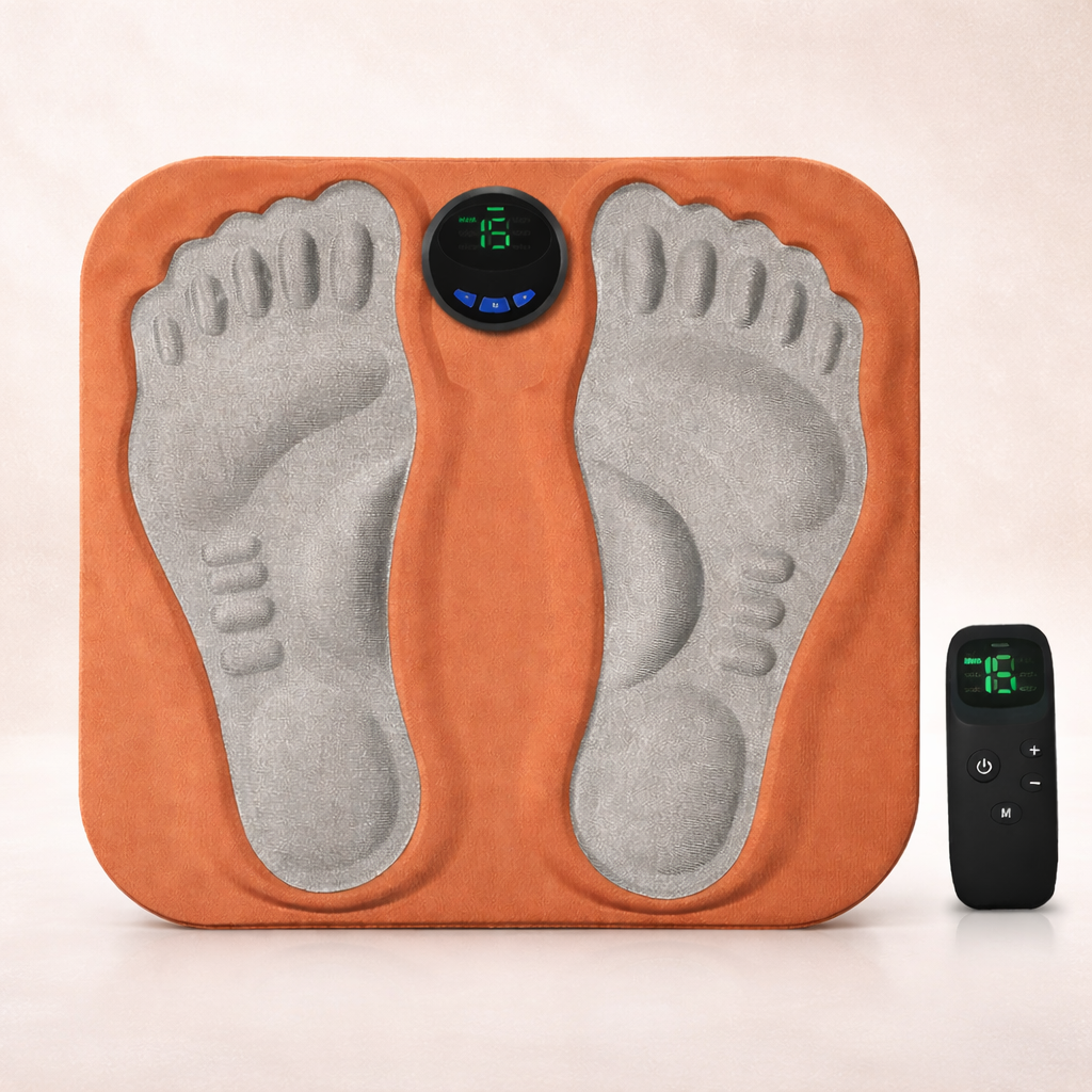 Zenithral EMS foot massage pad with remote, featuring massage and red light therapy for daily foot relief.