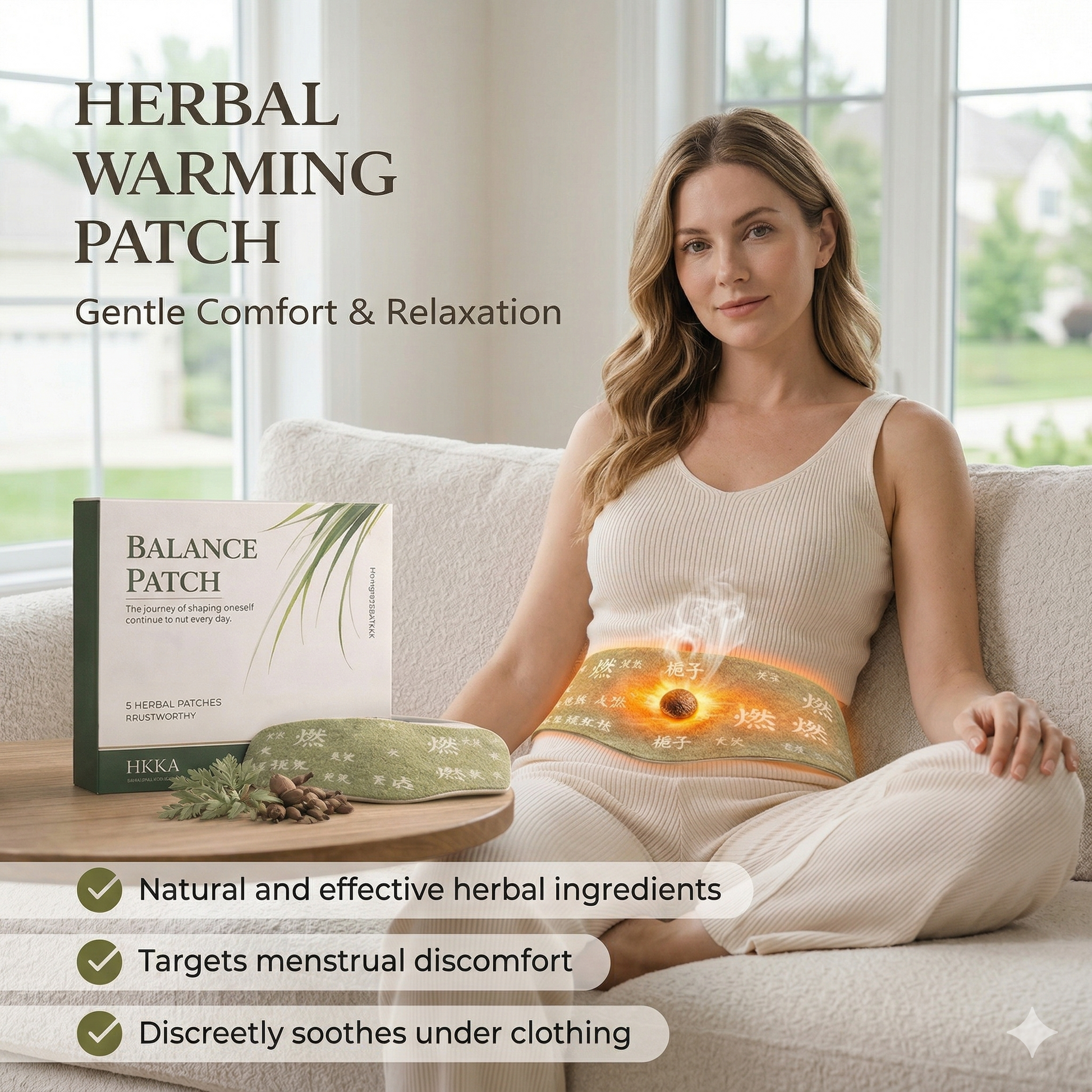 Zenithral Ginger & Mugwort herbal heat patch, showing the patch with herbal ingredients, designed for 12-hour comfort therapy
