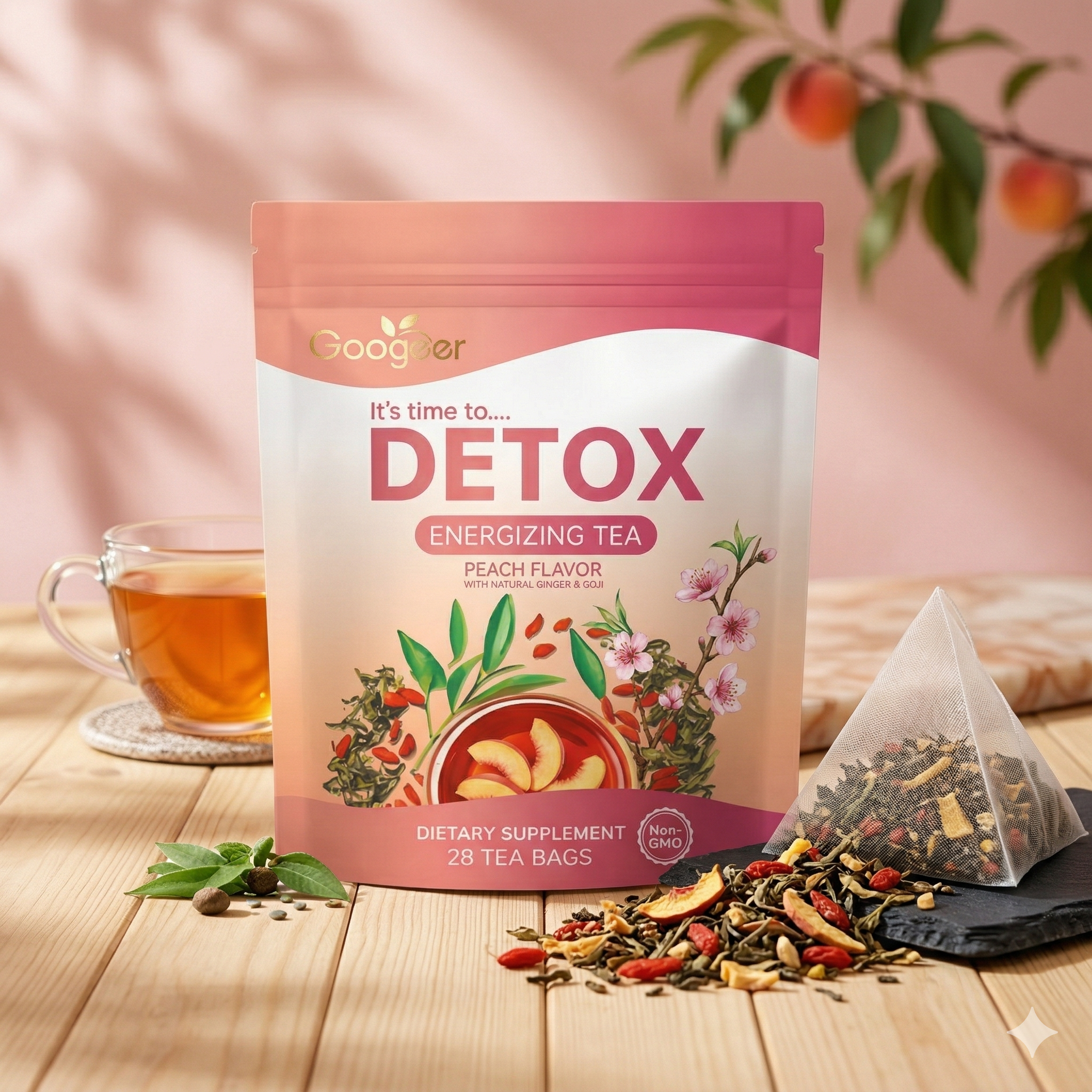Zenithral energizing herbal detox tea in a box with 28 tea bags, featuring fresh herbs and natural ingredients for daily wellness.