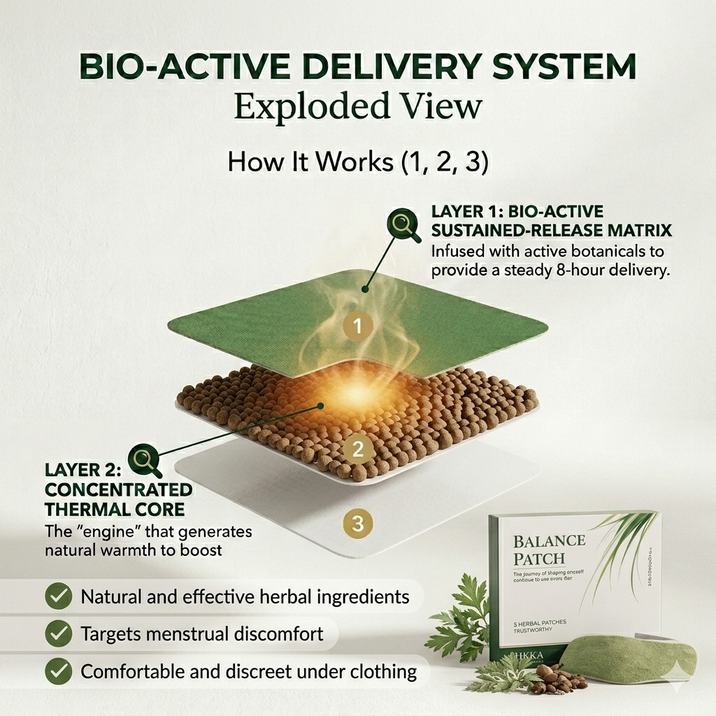 Herbal heat patch by Zenithral with ginger and mugwort for 12-hour herbal comfort therapy, shown on skin.