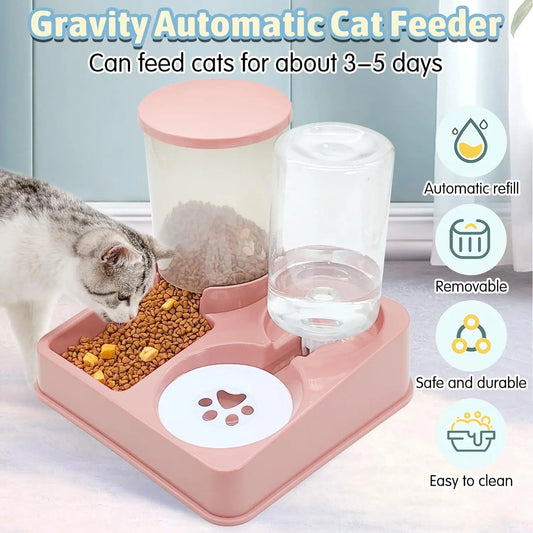 Automatic Cat Feeder and Water Dispenser Set - 2-in-1 Tilted Gravity Pet Food and Water Feeder