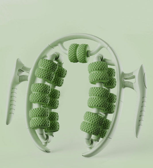 Zenithral body massage roller with red light therapy for lymphatic drainage and leg recovery, showing a close-up of the device.