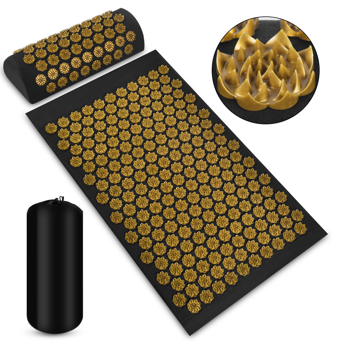Zenithral acupressure mat and pillow set for muscle relief and deep relaxation, shown with massage and red light therapy equipment.
