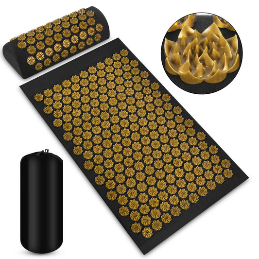 Zenithral acupressure mat and pillow set for muscle relief and deep relaxation, shown with massage and red light therapy equipment.