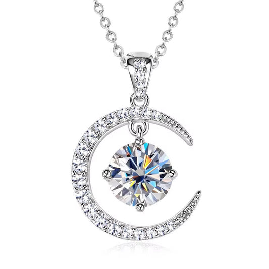 Luxury 2CT Moissanite Women's Necklace in 925 Sterling Silver with Star and Moon Pendant - D Color Fine Jewelry for Special Occasions