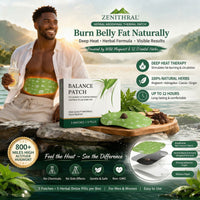 Zenithral Ginger & Mugwort Herbal Heat Patch for 12-hour pain relief, shown in a watermarked image, with herbal ingredients visible.